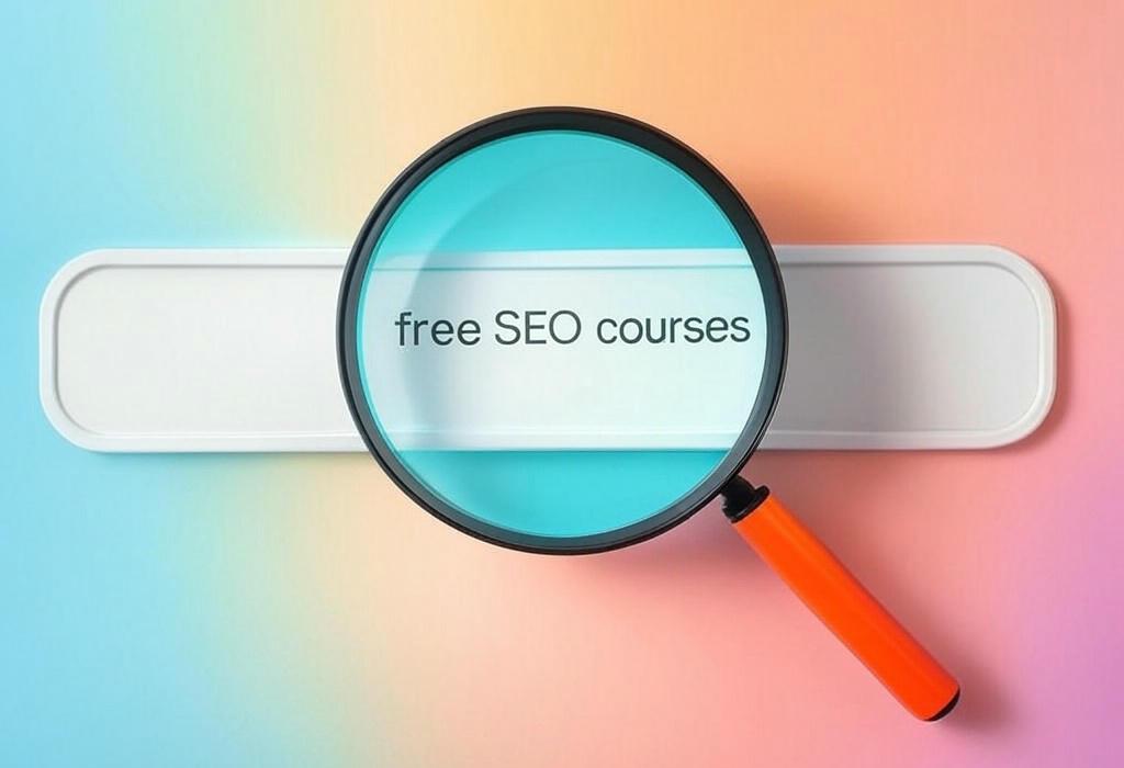 A search bar and a magnifying glass over a colorful background, symbolizing a deep look into Free SEO Courses That Actually Make You Money Online