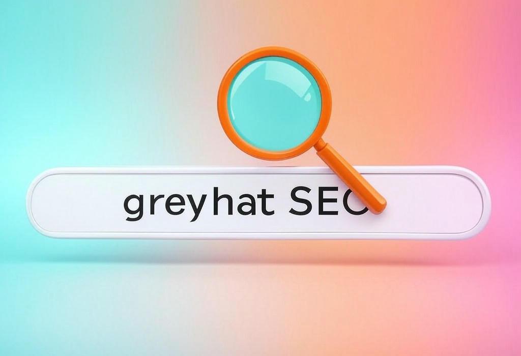 A search bar and a magnifying glass over a colorful background, symbolizing a deep look into Grey Hat SEO: Walking the Line Between White and Black