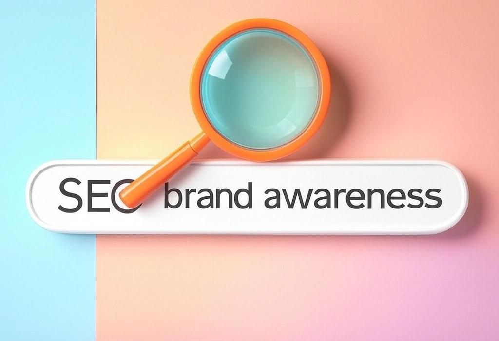 A search bar and a magnifying glass over a colorful background, symbolizing a deep look into SEO Brand Awareness: Boost Visibility Where It Matters Most