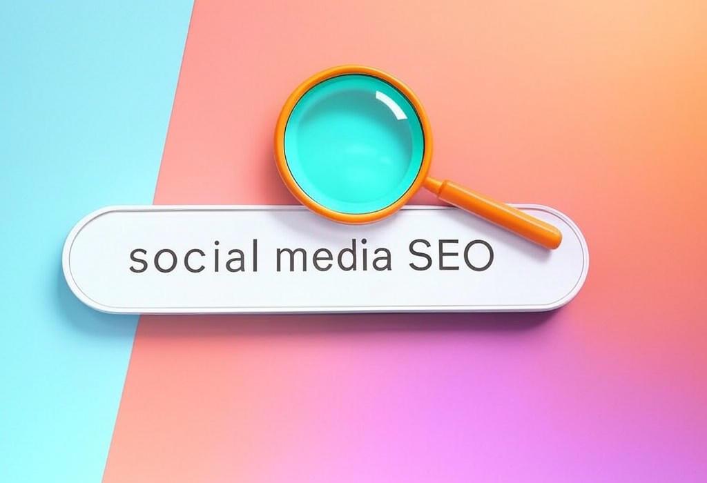 A search bar and a magnifying glass over a colorful background, symbolizing a deep look into Social Media SEO: Boost Your Rankings with These Tactics