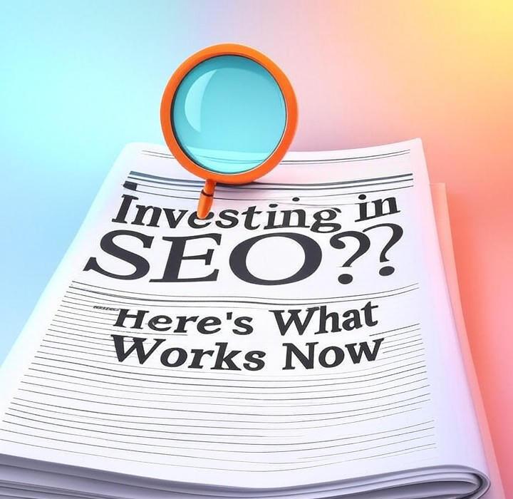 A newspaper and a magnifying glass over a colorful background, symbolizing a deep look into Thinking about investing in SEO? Good. But stop what you're doing. The old rules don't apply anymore. Find out what you should be doing instead.