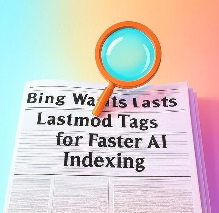A newspaper and a magnifying glass over a colorful background, symbolizing a deep look into Lastmod tags are your new secret weapon for Bing AI. Discover why this simple tag is now 'super important' for fast indexing in AI-powered search results.