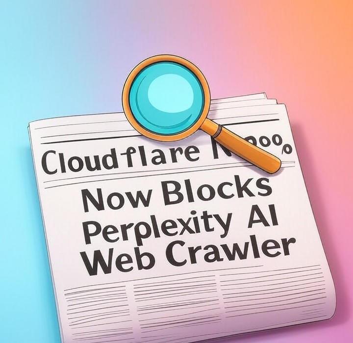 A newspaper and a magnifying glass over a colorful background, symbolizing a deep look into Cloudflare now blocks Perplexity AI's crawler. Why did the web giant delist this popular AI search tool? See what this means for your website's content and data.