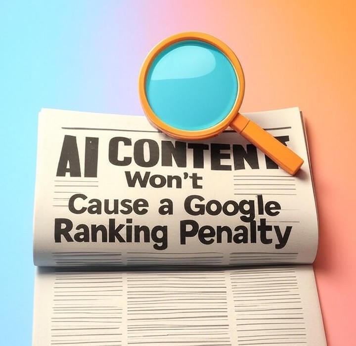 A newspaper and a magnifying glass over a colorful background, symbolizing a deep look into AI-generated content is safe from Google penalties... for now. But there's a catch. Find out Google's official stance and what it means for your website's future.