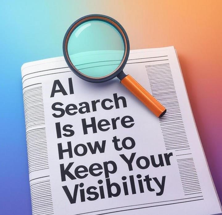 A newspaper and a magnifying glass over a colorful background, symbolizing a deep look into Is AI search a threat to your traffic? Learn how to stay visible and future-proof your SEO. Get the simple, expert strategies you need to adapt before it's too late.