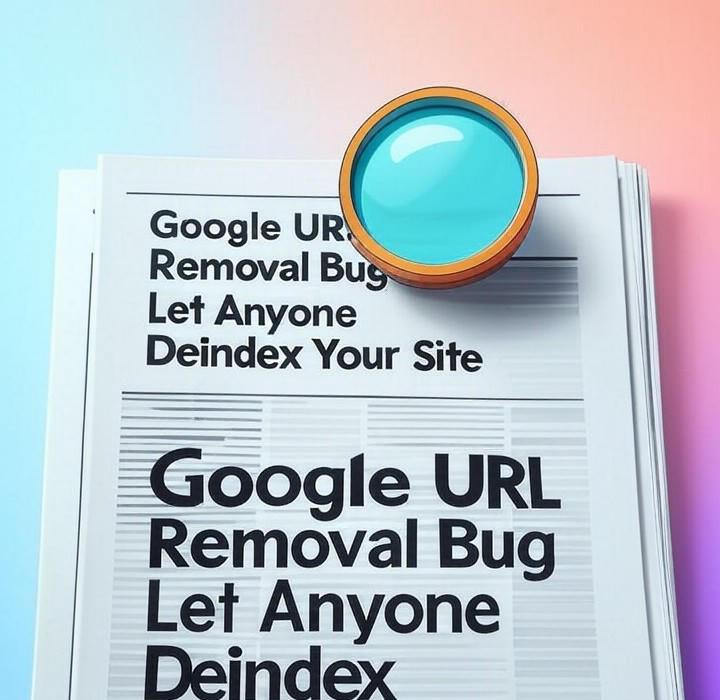 A newspaper and a magnifying glass over a colorful background, symbolizing a deep look into A Google URL removal bug let attackers deindex any website. Was your site a target? Learn about the massive exploit and how Google fixed the vulnerability.