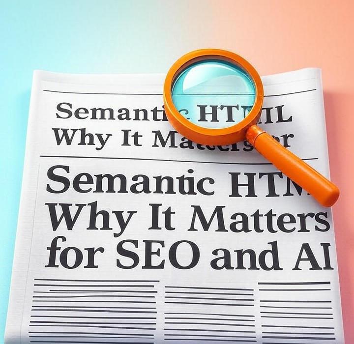 A newspaper and a magnifying glass over a colorful background, symbolizing a deep look into Semantic HTML is your direct line to Google and AI. Stop guessing and start using code that boosts rankings and prepares your site for what's next.