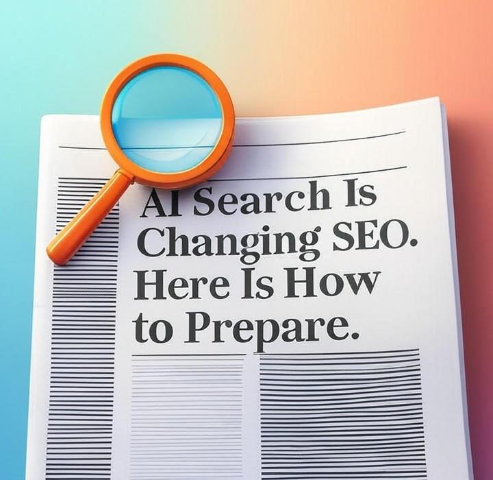 A newspaper and a magnifying glass over a colorful background, symbolizing a deep look into AI search will make or break your brand. Your old SEO tactics won't work anymore. Discover the new rules for staying visible and getting clicks in the AI era.