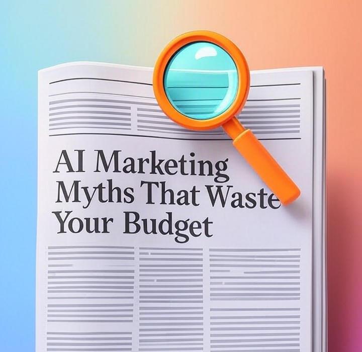 A newspaper and a magnifying glass over a colorful background, symbolizing a deep look into AI marketing myths could be killing your ROI. Are you falling for these expensive misconceptions? We expose 8 common beliefs that are secretly costing you money.