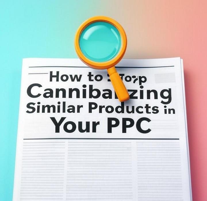 A newspaper and a magnifying glass over a colorful background, symbolizing a deep look into Is PPC cannibalization killing your ad budget? Stop your similar products from competing against each other and wasting money. Here's how to fix it for good.