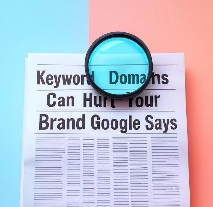 A newspaper and a magnifying glass over a colorful background, symbolizing a deep look into Is your generic keyword domain a big mistake? Google just sent a clear warning. Learn why a branded domain builds more trust and gets better long term results.